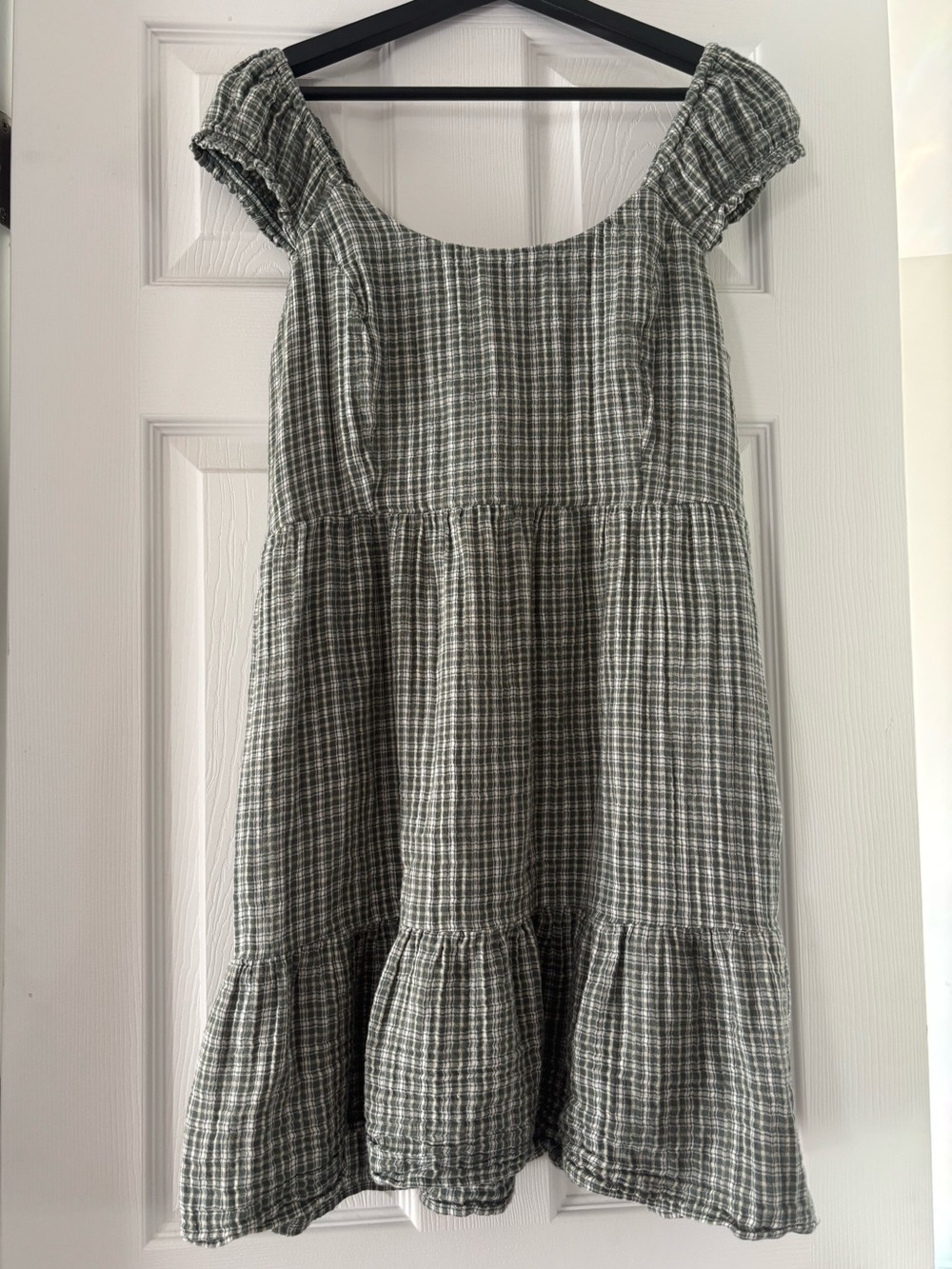 Women’s Olive Green Plaid Tiered Sundress 100% Cotton. Pockets!